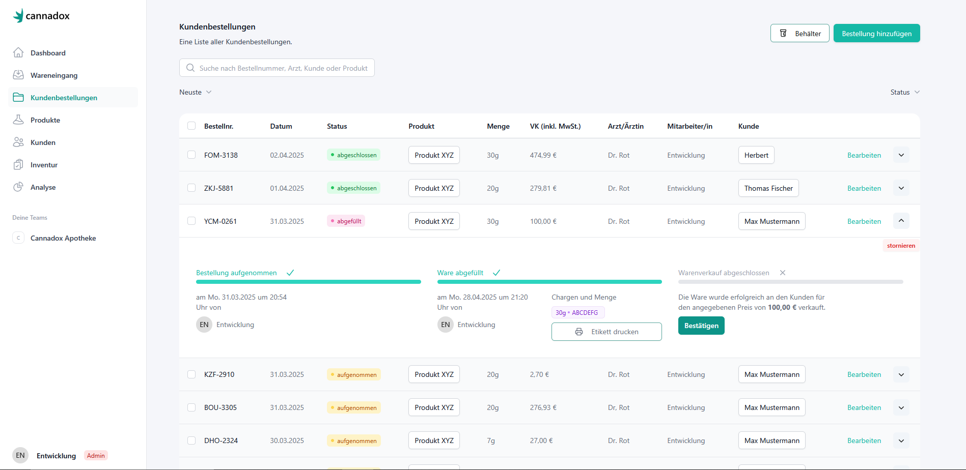 Screenshot der Kundenbestellungen